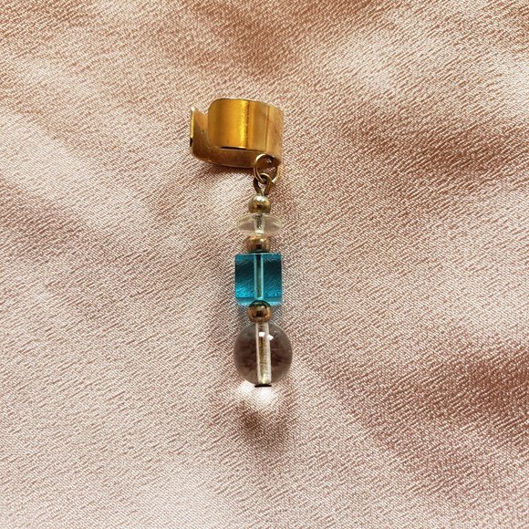 Vtg 70’s Goldtone Translucent Turquoise Clear Gold Crystal Beads Ear Cuff Rare - Picture 3 of 3